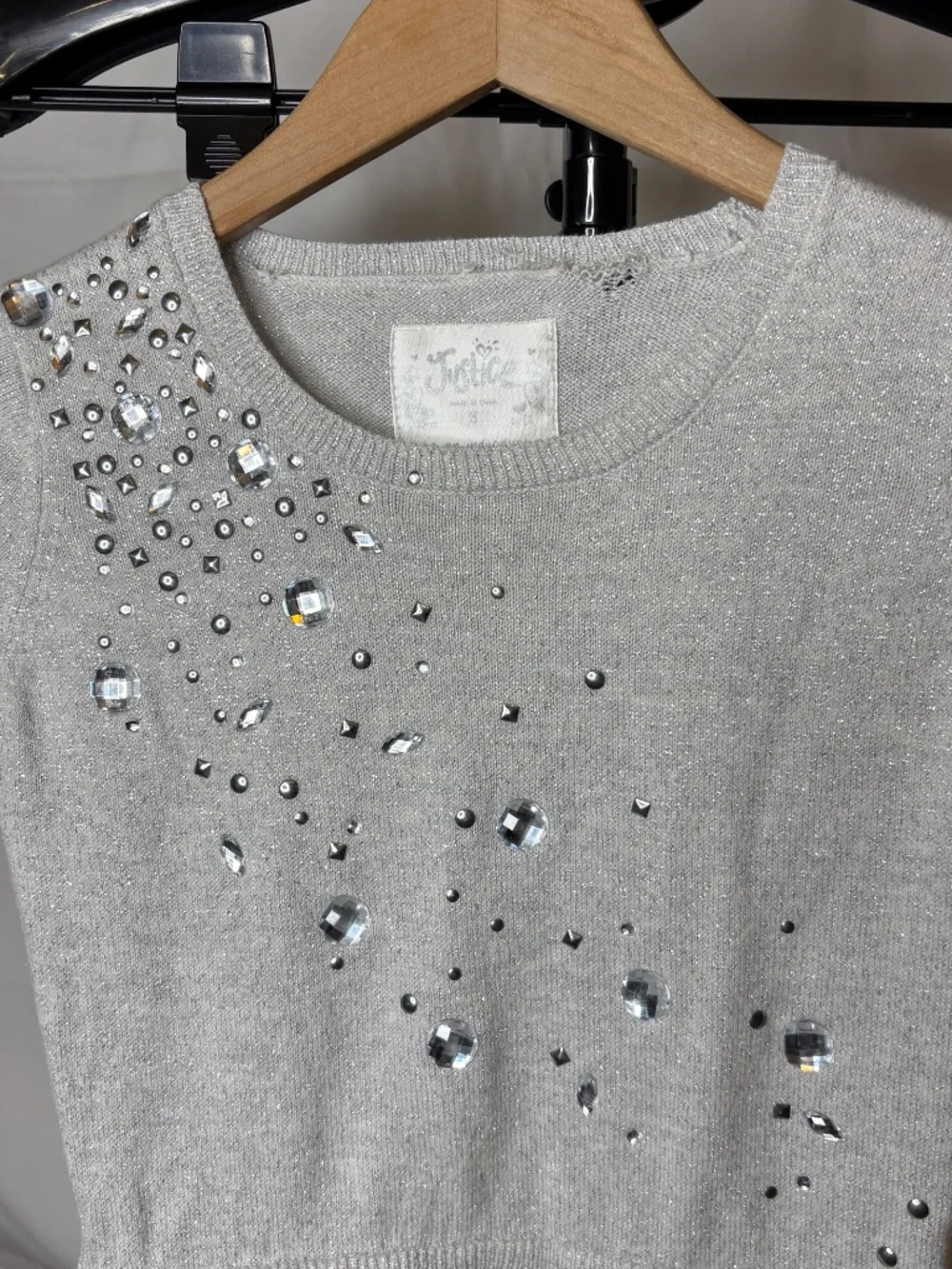 Justice Rhinestone Sparkley Sweater Silver Girl Dress Size 8 Y2K